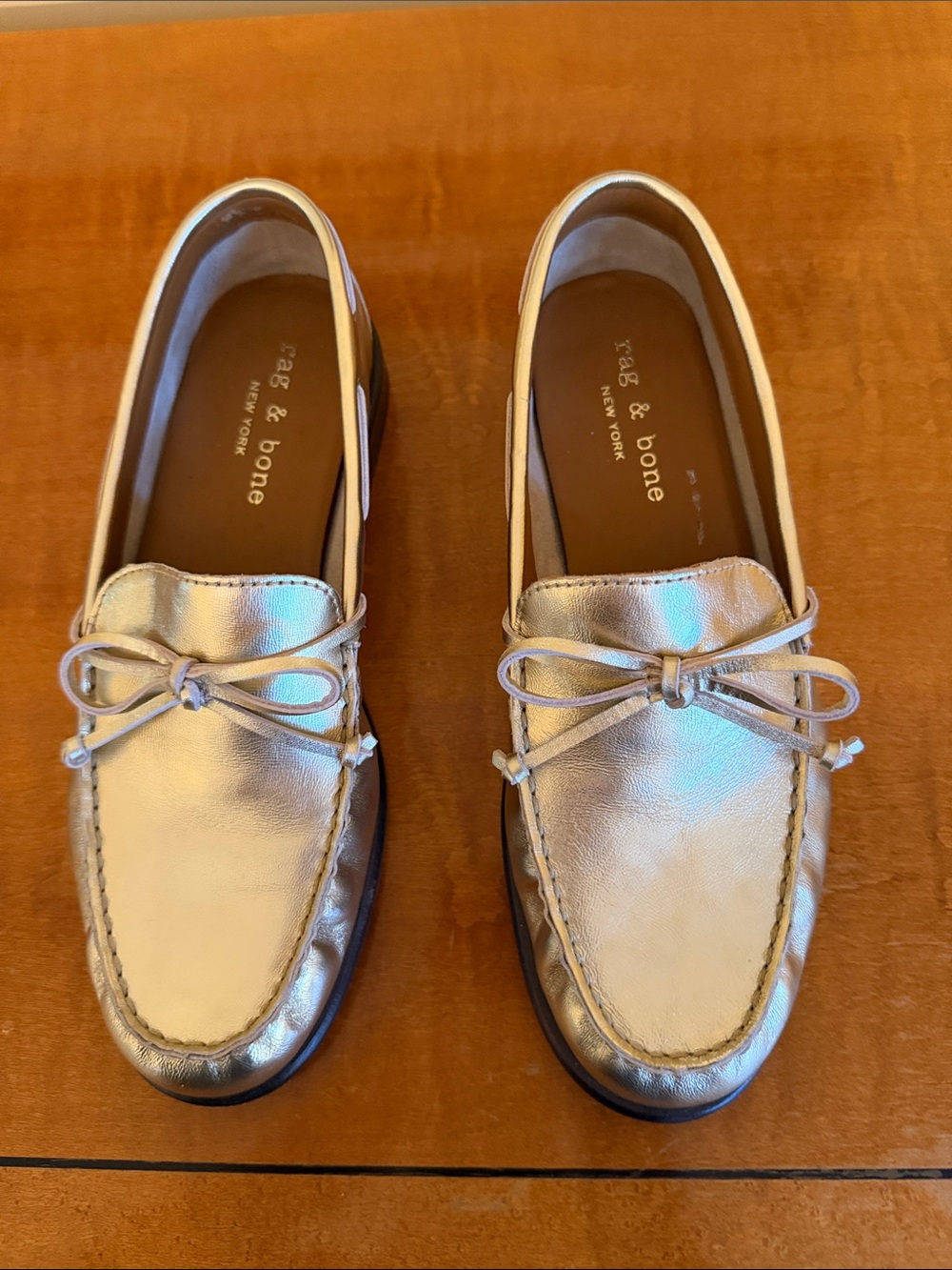 rag & bone Metallic Gold Leather Driving Loafers with Bow